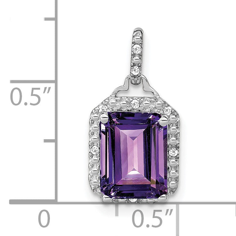 14k White Gold 9x7mm Emerald-cut Amethyst and Diamond Halo Pendant