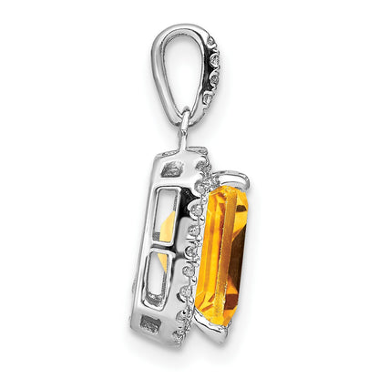 14k White Gold 9x7mm Emerald-cut Citrine and Diamond Halo Pendant