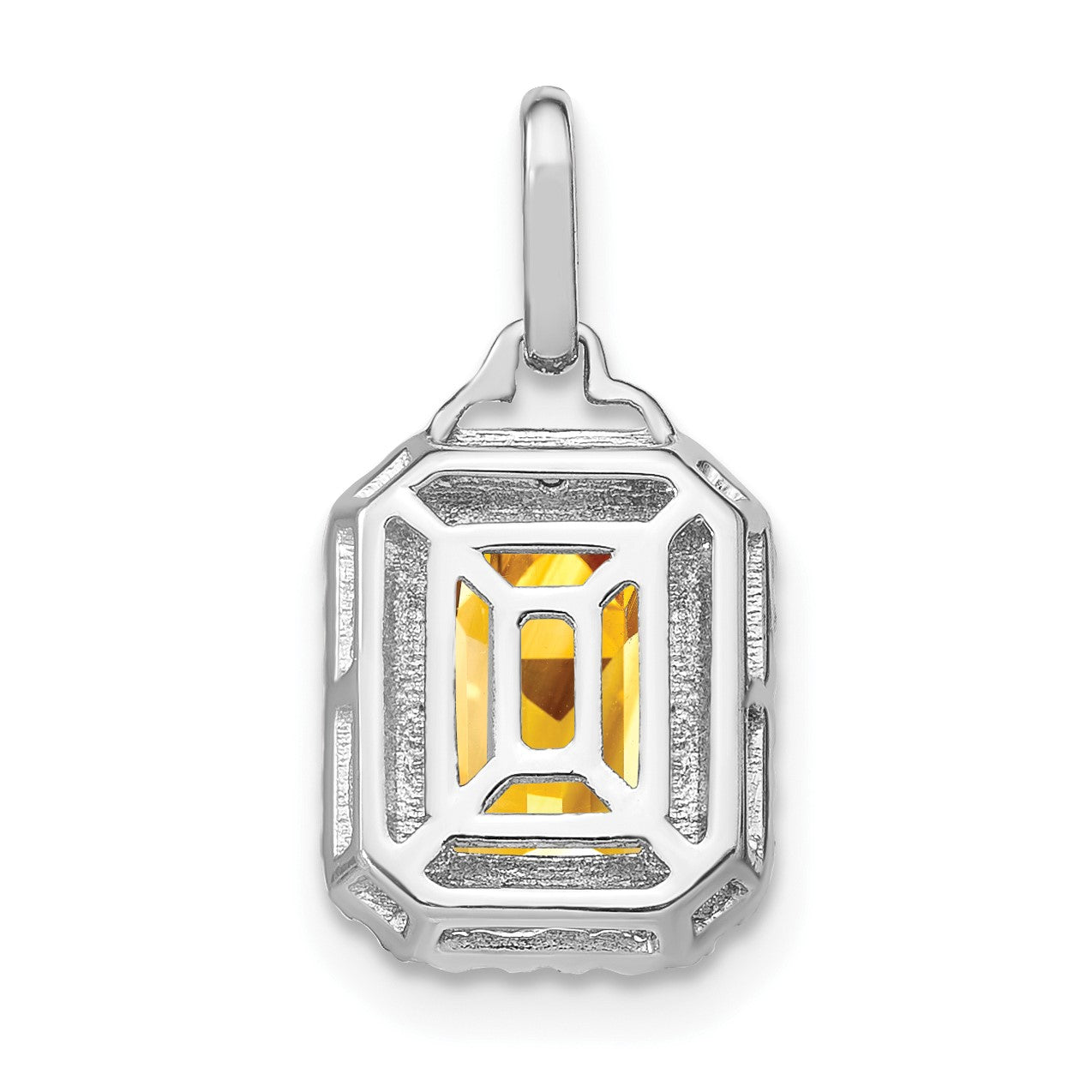 14k White Gold 9x7mm Emerald-cut Citrine and Diamond Halo Pendant