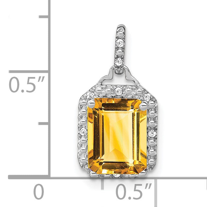14k White Gold 9x7mm Emerald-cut Citrine and Diamond Halo Pendant
