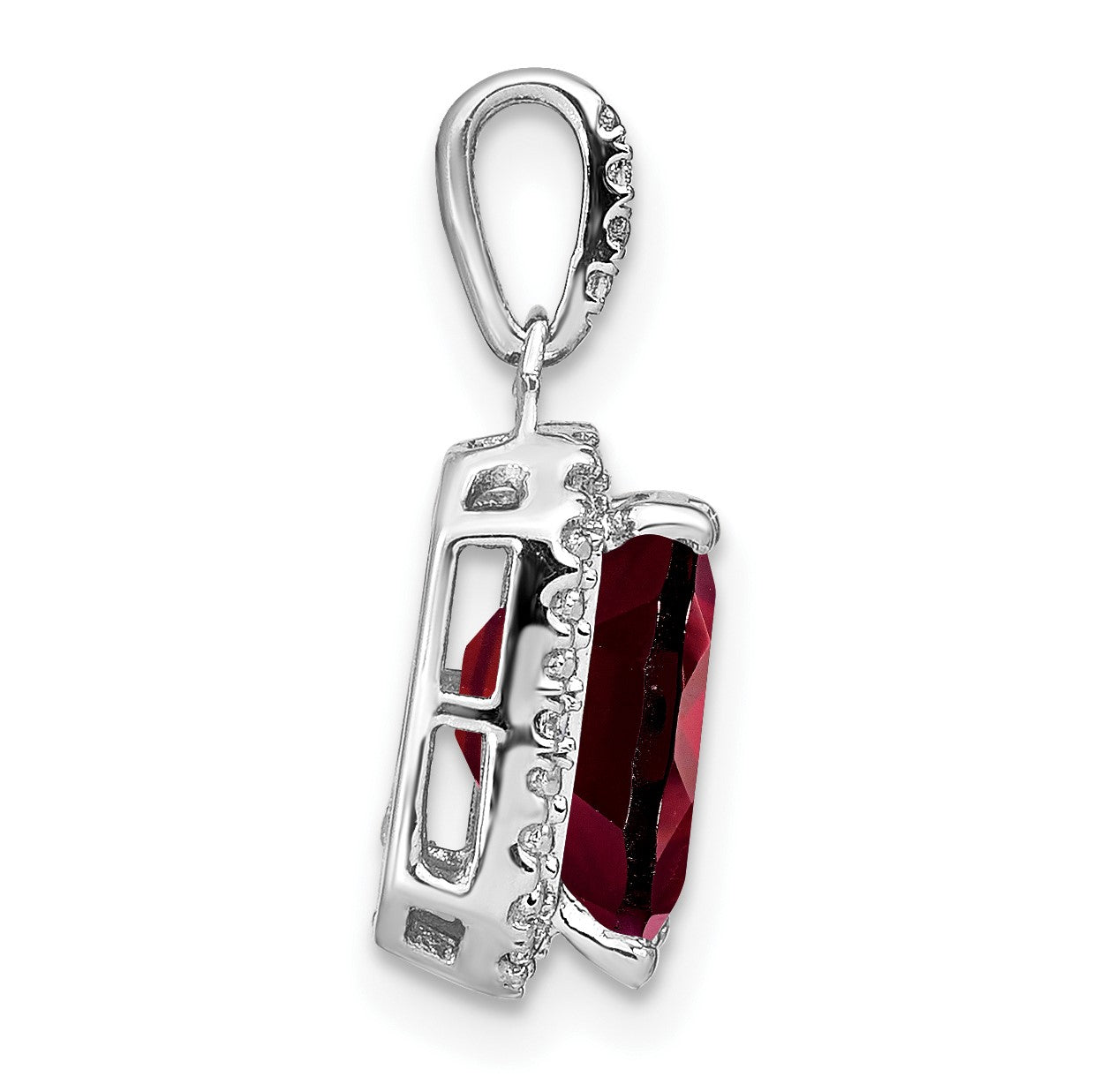 14k White Gold 9x7mm Emerald-cut Garnet and Diamond Halo Pendant