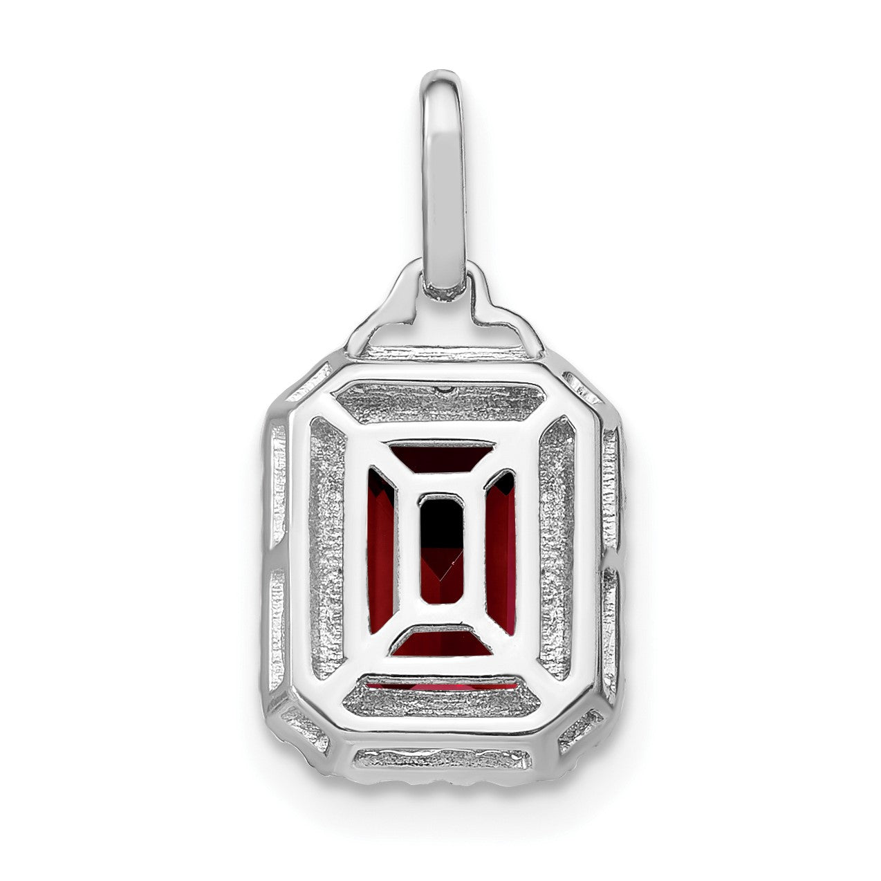 14k White Gold 9x7mm Emerald-cut Garnet and Diamond Halo Pendant