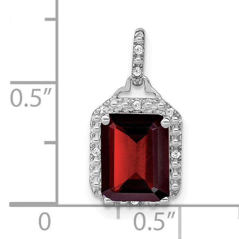 14k White Gold 9x7mm Emerald-cut Garnet and Diamond Halo Pendant