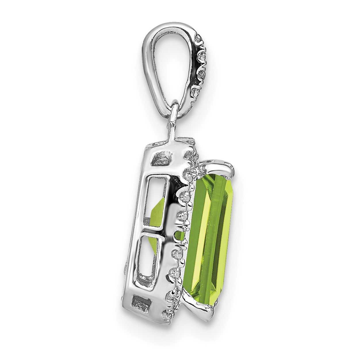 14k White Gold 9x7mm Emerald-cut Peridot and Diamond Halo Pendant
