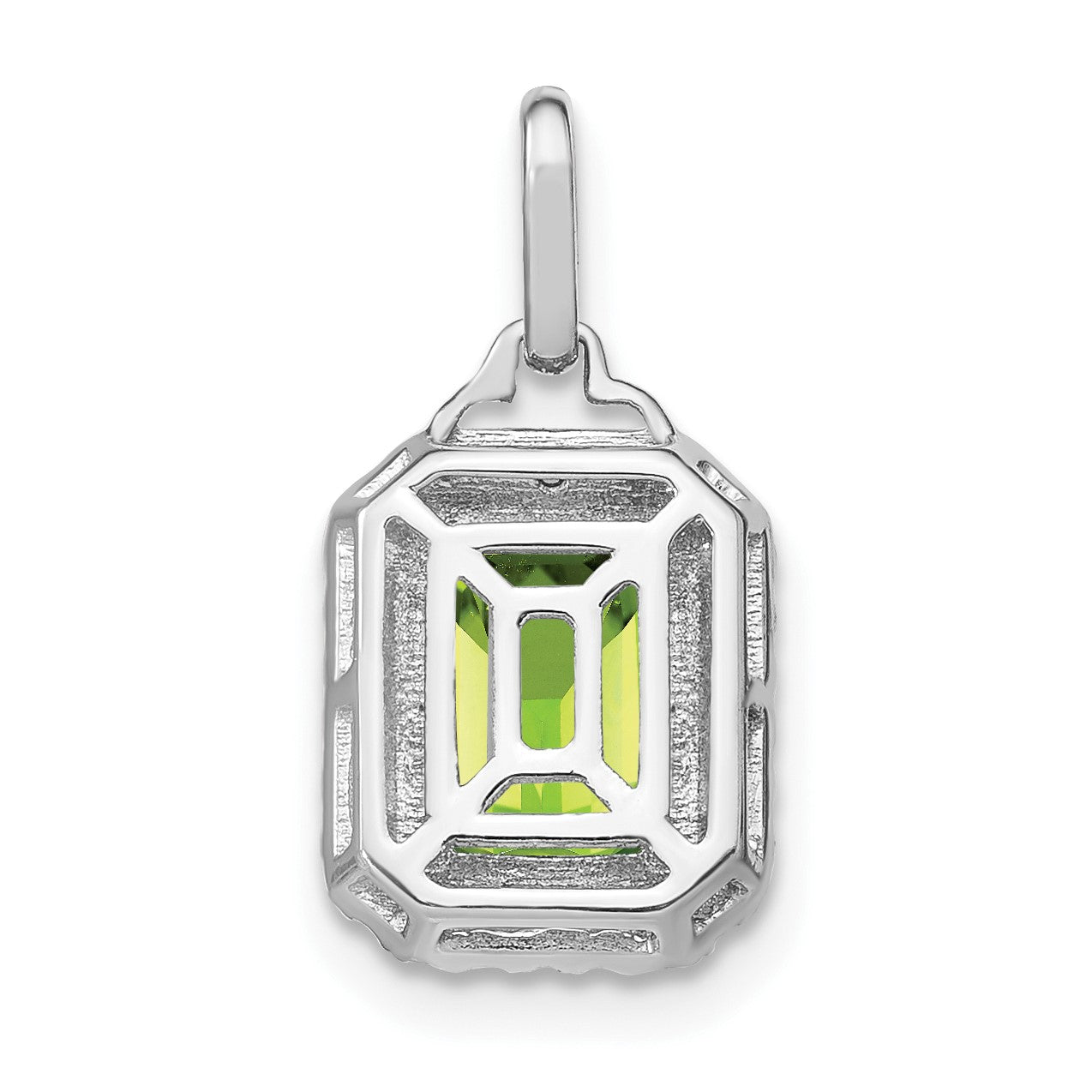 14k White Gold 9x7mm Emerald-cut Peridot and Diamond Halo Pendant