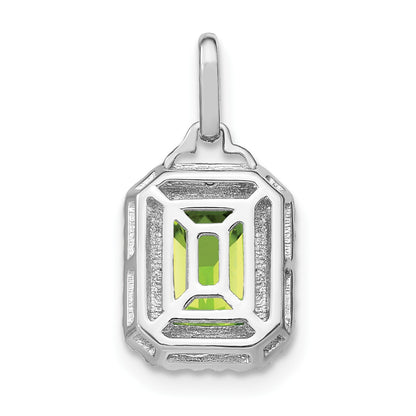 14k White Gold 9x7mm Emerald-cut Peridot and Diamond Halo Pendant