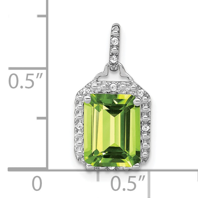 14k White Gold 9x7mm Emerald-cut Peridot and Diamond Halo Pendant