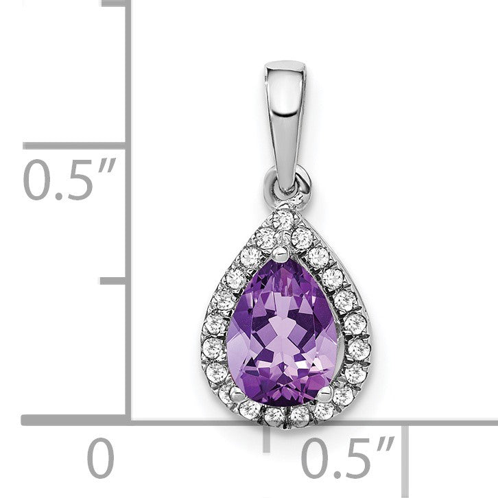 14k White Gold 7x5mm Pear Amethyst and Diamond Halo Pendant