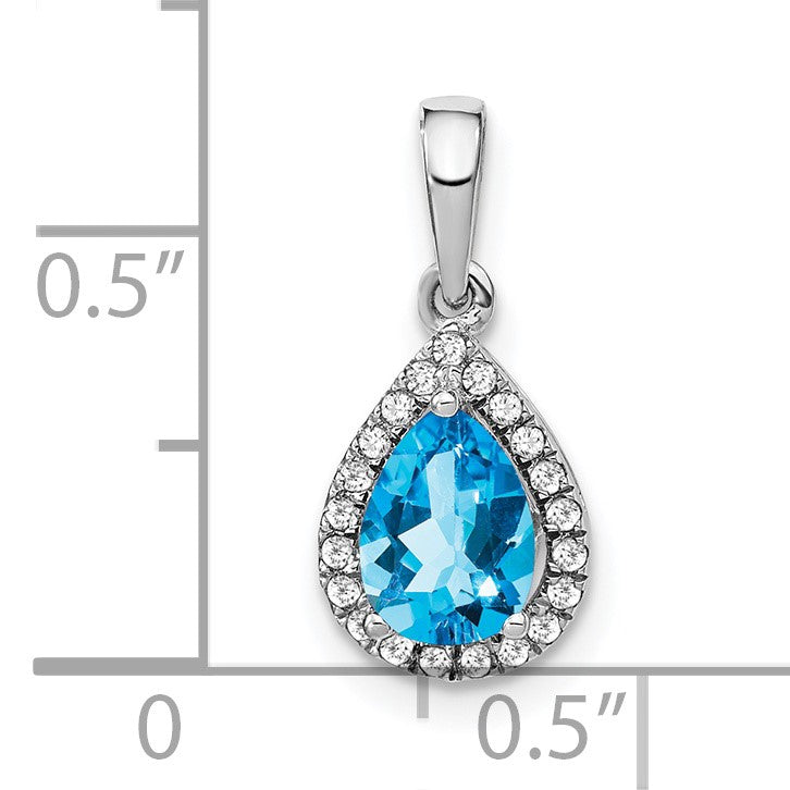 14k White Gold 7x5mm Pear Blue Topaz and Diamond Halo Pendant