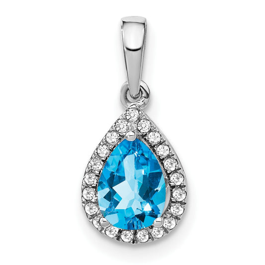 14k White Gold 7x5mm Pear Blue Topaz and Diamond Halo Pendant