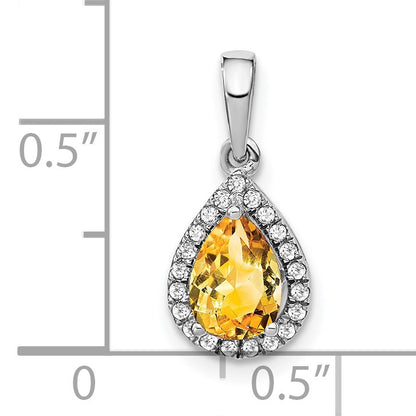 14k White Gold 7x5mm Pear Citrine and Diamond Halo Pendant