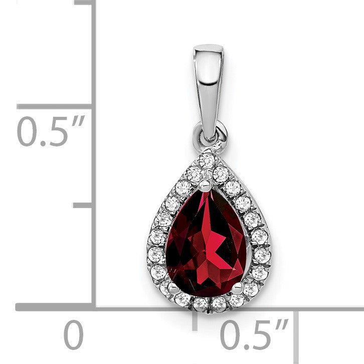 14k White Gold 7x5mm Pear Garnet and Diamond Halo Pendant