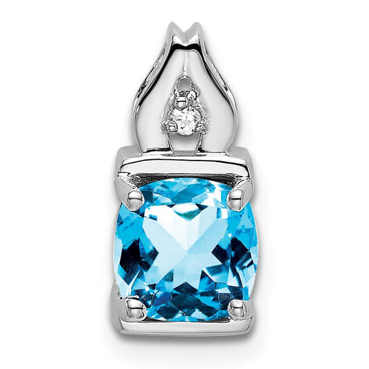 14k White Gold 6mm Cushion Blue Topaz and Diamond Chain Slide