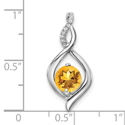 14k White Gold 6.5mm Round Citrine and Diamond Fancy Pendant