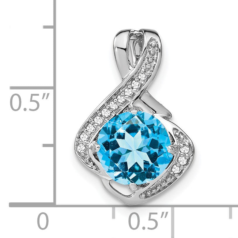 14k White Gold 8mm Round Blue Topaz and Diamond Fancy Chain Slide