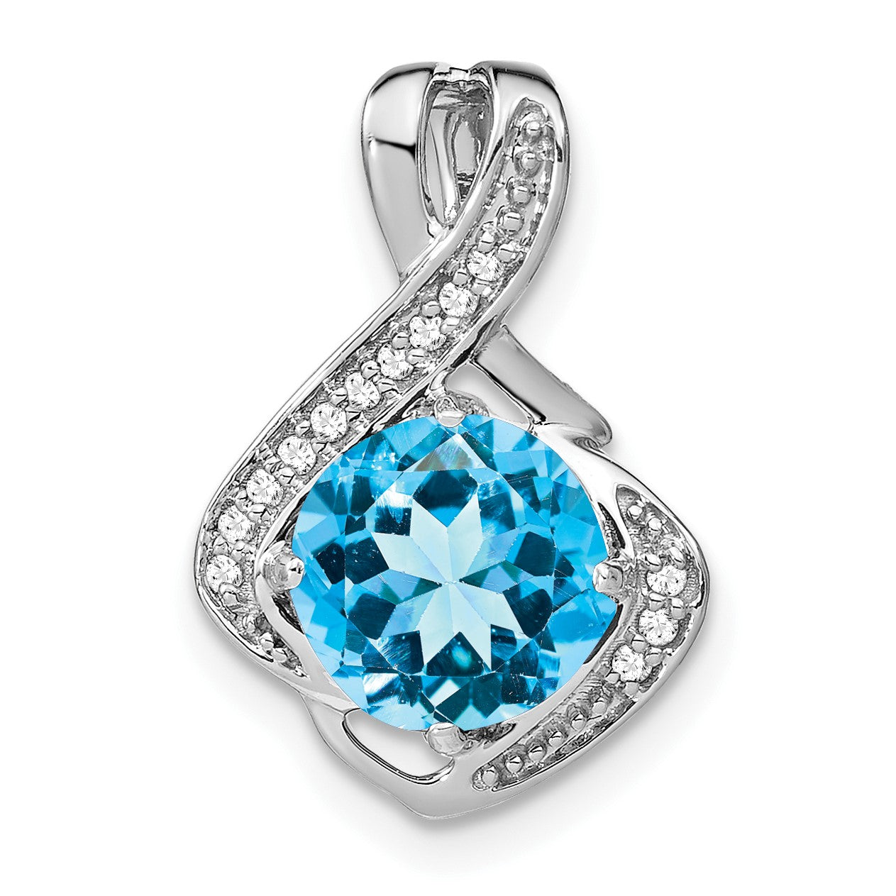 14k White Gold 8mm Round Blue Topaz and Diamond Fancy Chain Slide