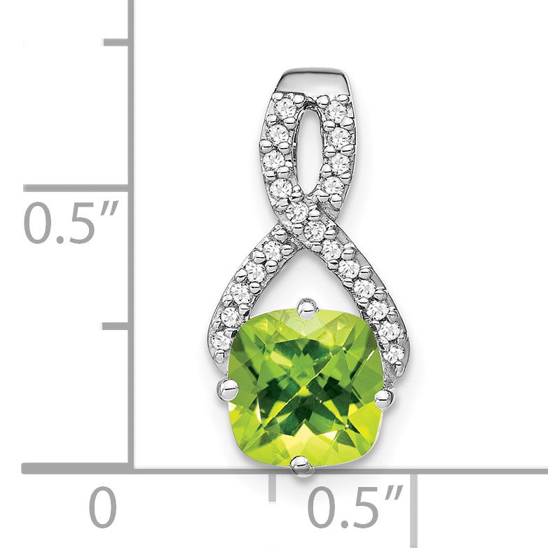 14k White Gold 7mm Cushion Peridot and Diamond Chain Slide