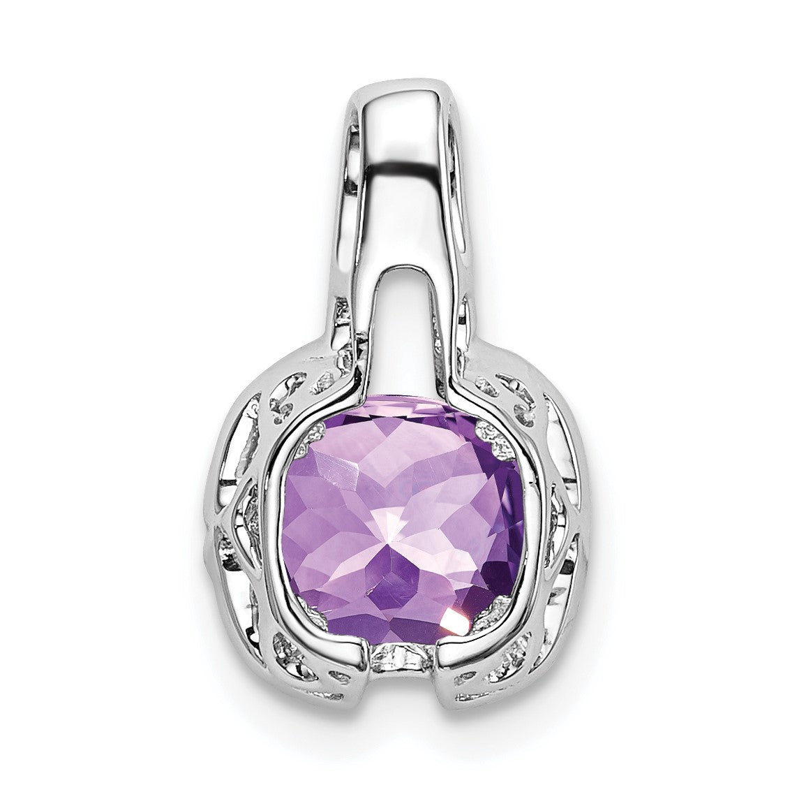 14k White Gold 6mm Cushion Amethyst and Diamond Pendant