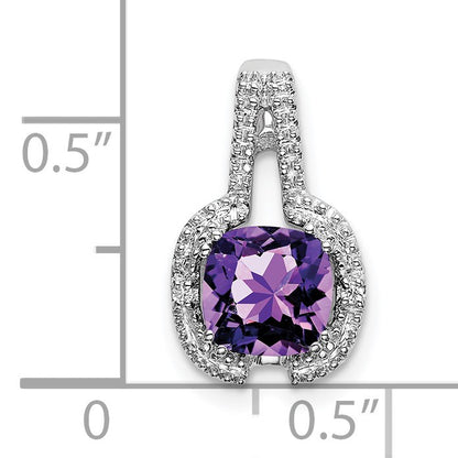 14k White Gold 6mm Cushion Amethyst and Diamond Pendant