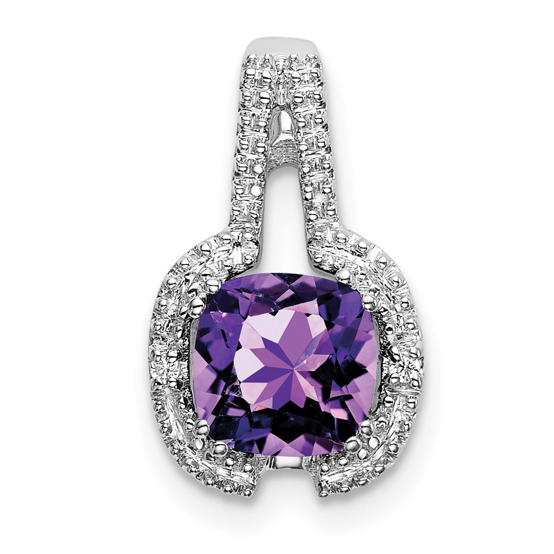14k White Gold 6mm Cushion Amethyst and Diamond Pendant