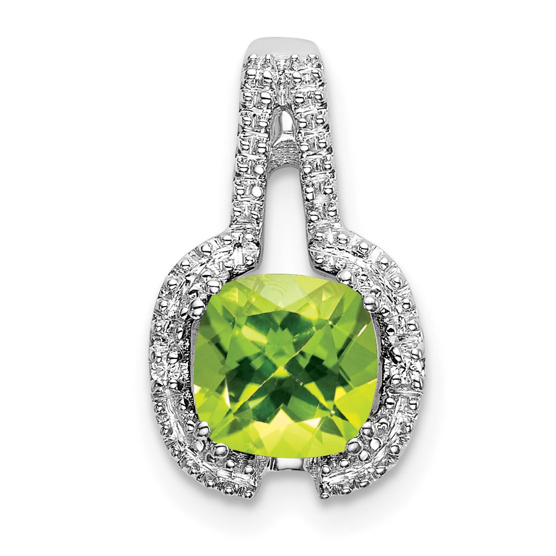14k White Gold 6mm Cushion Peridot and Diamond Pendant