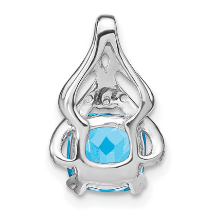 14k White Gold 7mm Cushion Blue Topaz and Diamond Fancy Chain Slide