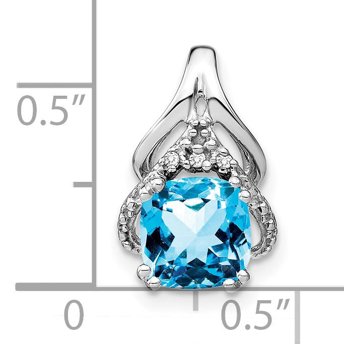 14k White Gold 7mm Cushion Blue Topaz and Diamond Fancy Chain Slide