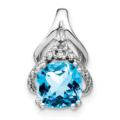 14k White Gold 7mm Cushion Blue Topaz and Diamond Fancy Chain Slide