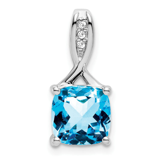 14k White Gold 8mm Cushion Blue Topaz and Diamond Chain Slide