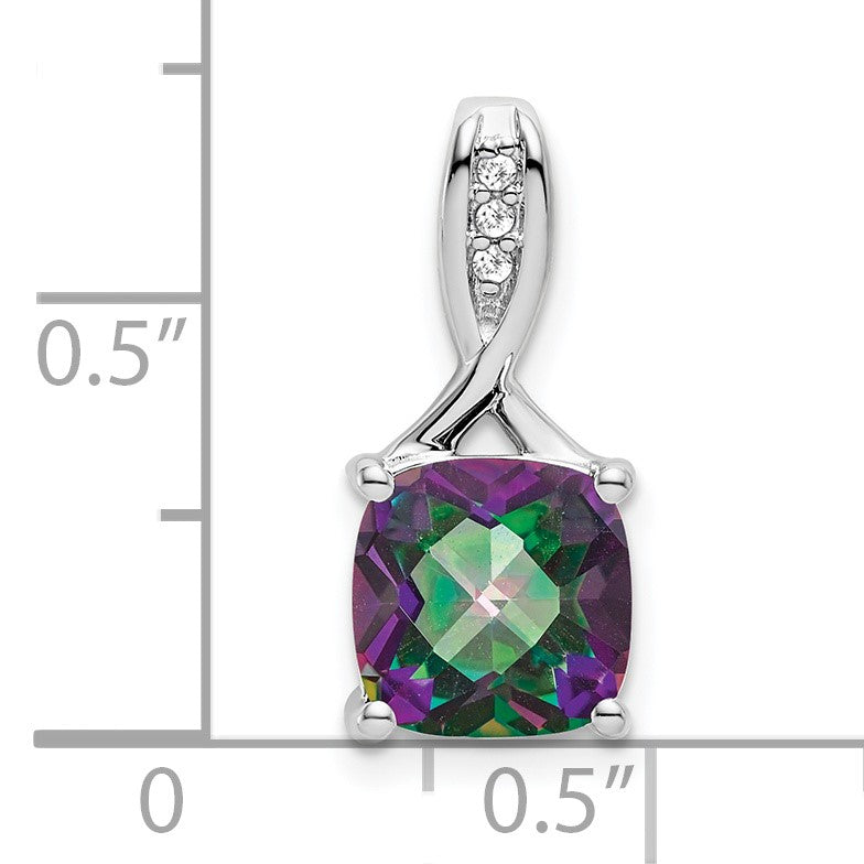 14k White Gold 8mm Cushion Mystic Fire Topaz and Diamond Pendant