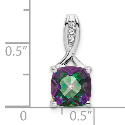14k White Gold 8mm Cushion Mystic Fire Topaz and Diamond Pendant