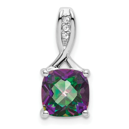 14k White Gold 8mm Cushion Mystic Fire Topaz and Diamond Pendant