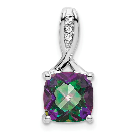 14k White Gold 8mm Cushion Mystic Fire Topaz and Diamond Pendant