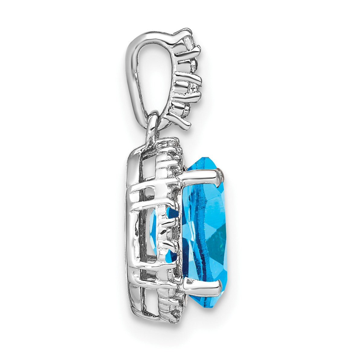 14k White Gold 9x7mm Oval Blue Topaz and Diamond Halo Pendant