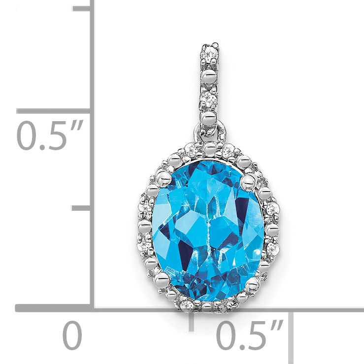 14k White Gold 9x7mm Oval Blue Topaz and Diamond Halo Pendant