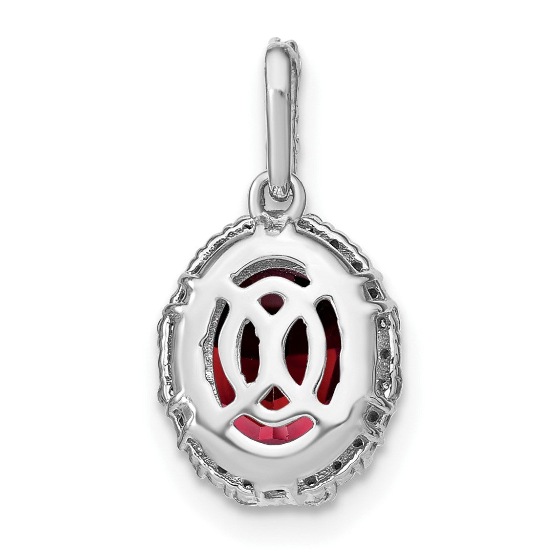 14k White Gold 9x7mm Oval Garnet and Diamond Halo Pendant
