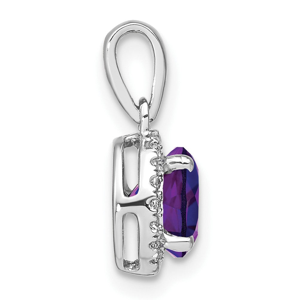 14k White Gold 6.5mm Round Amethyst and Diamond Halo Pendant