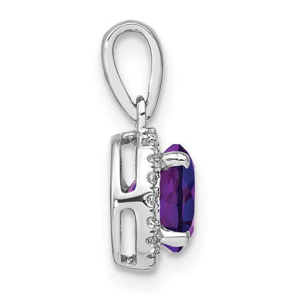 14k White Gold 6.5mm Round Amethyst and Diamond Halo Pendant