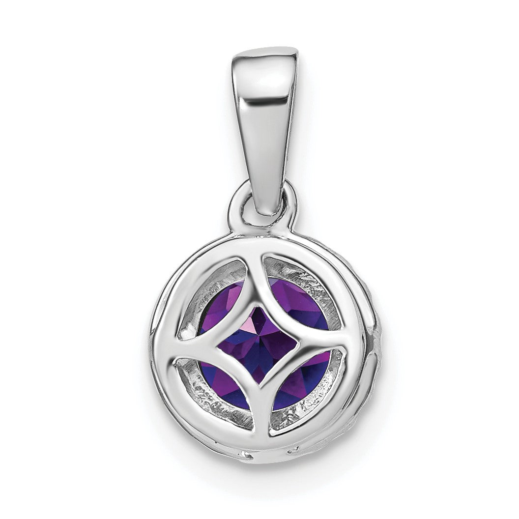 14k White Gold 6.5mm Round Amethyst and Diamond Halo Pendant