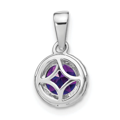 14k White Gold 6.5mm Round Amethyst and Diamond Halo Pendant