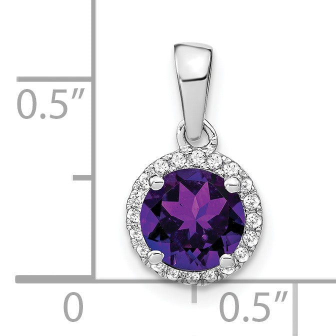 14k White Gold 6.5mm Round Amethyst and Diamond Halo Pendant
