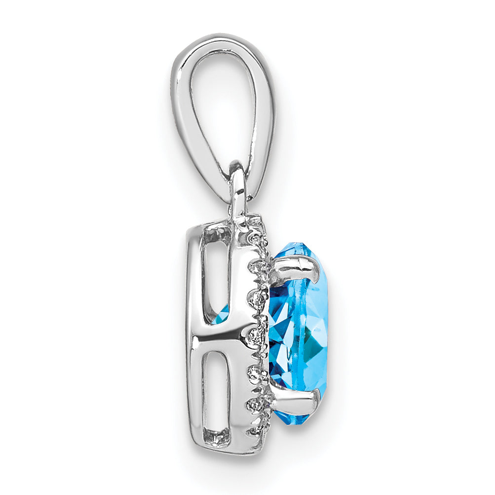 14k White Gold 6.5mm Round Blue Topaz and Diamond Halo Pendant