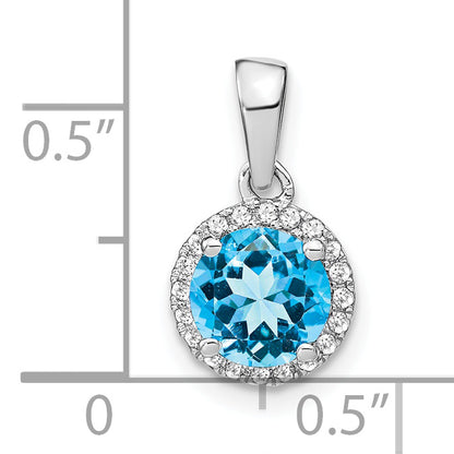 14k White Gold 6.5mm Round Blue Topaz and Diamond Halo Pendant