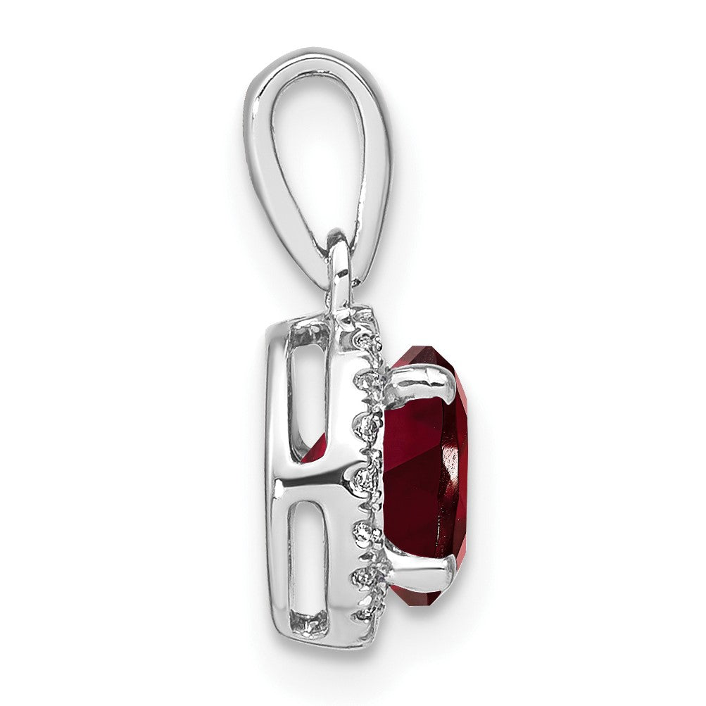 14k White Gold 6.5mm Round Garnet and Diamond Halo Pendant