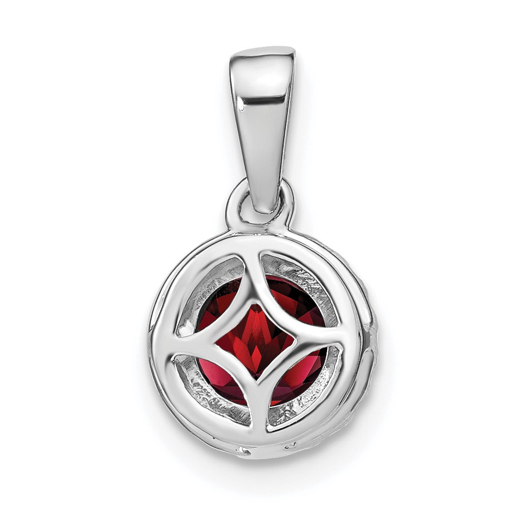 14k White Gold 6.5mm Round Garnet and Diamond Halo Pendant
