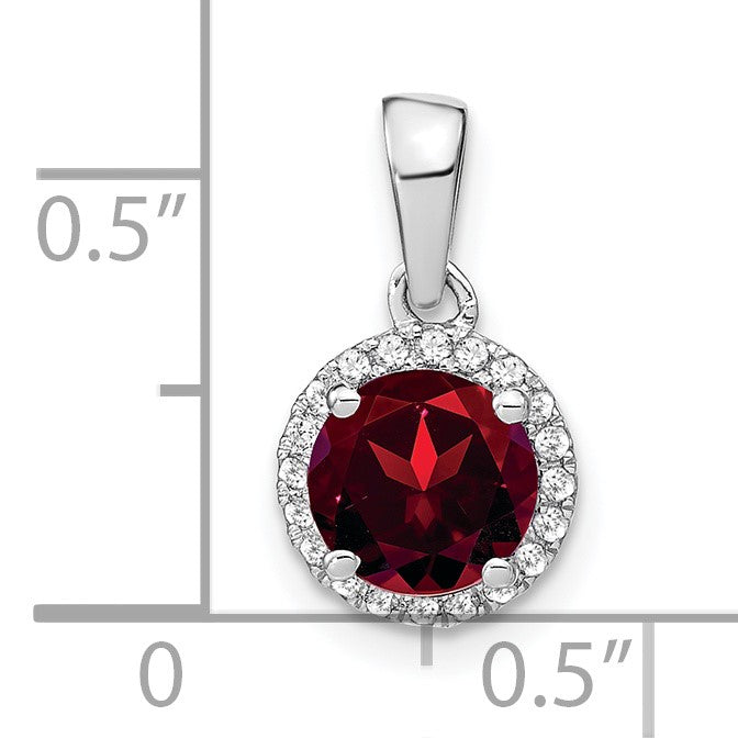 14k White Gold 6.5mm Round Garnet and Diamond Halo Pendant