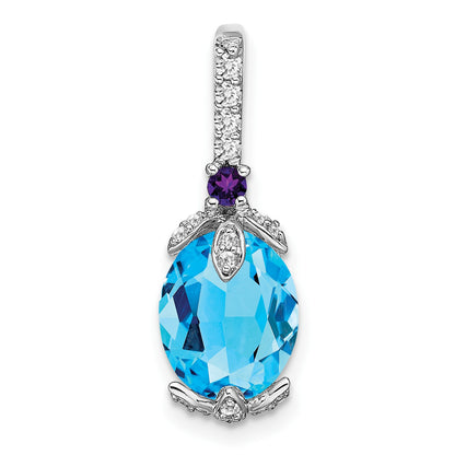 14k White Gold 10x8mm Oval Blue Topaz/Amethyst/Diamond Pendant