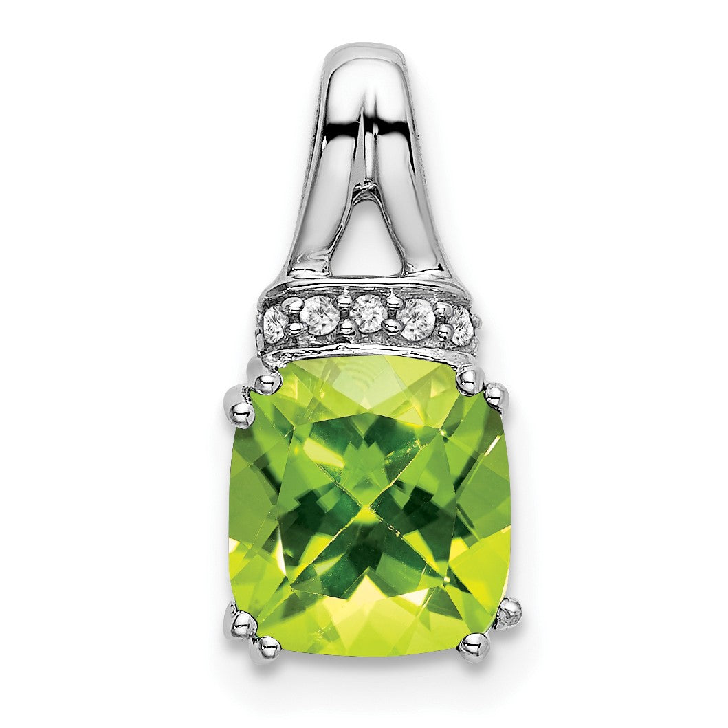 14k White Gold 7mm Cushion Peridot and Diamond Chain Slide