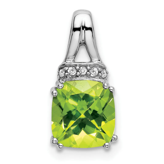 14k White Gold 7mm Cushion Peridot and Diamond Chain Slide