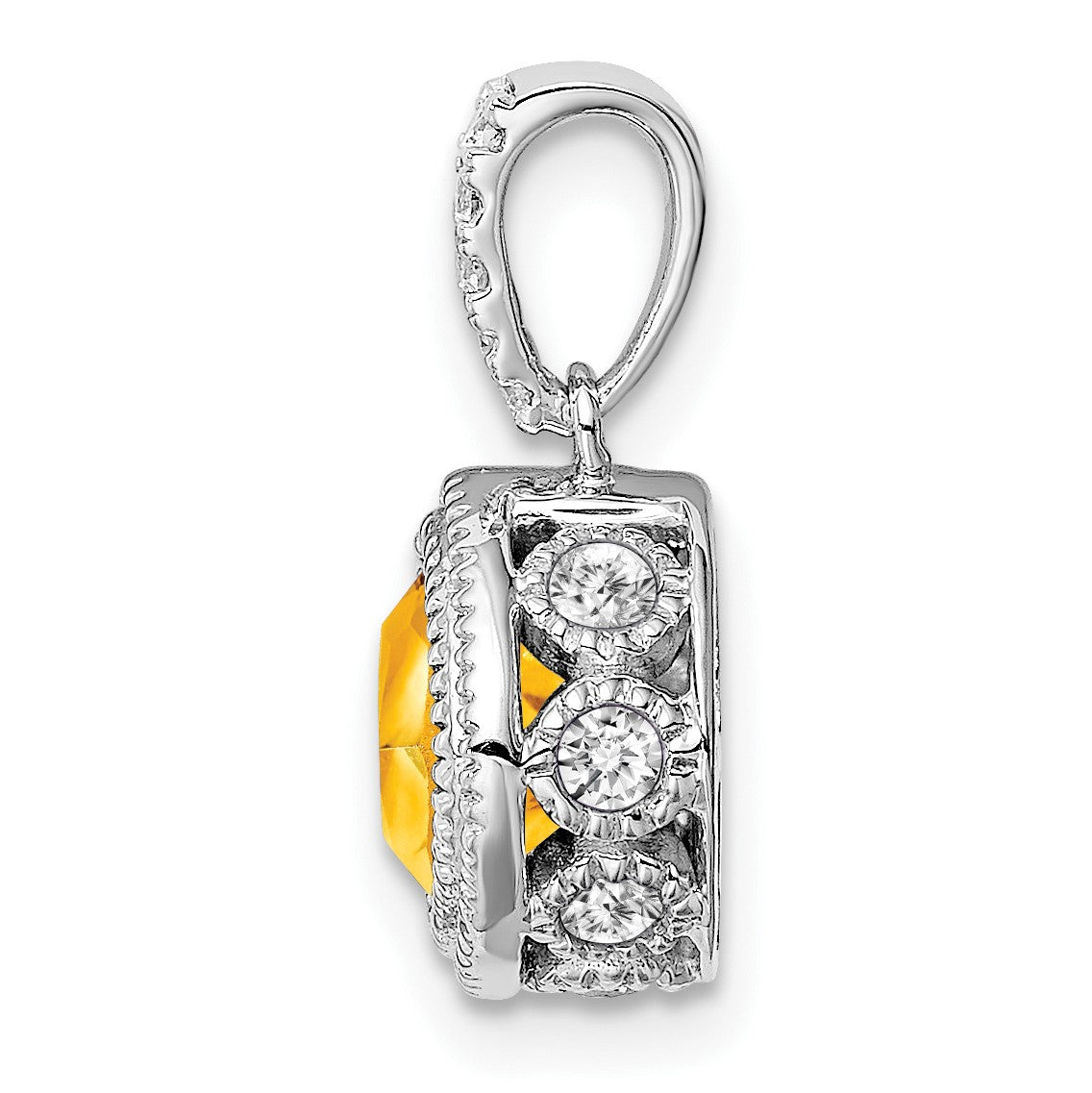14k White Gold 6mm Cushion Citrine and Diamond Pendant